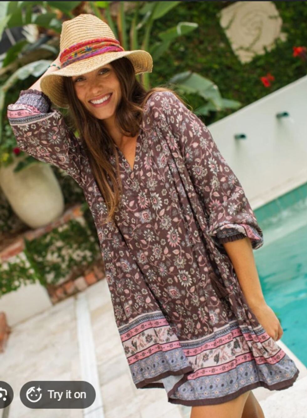 Natural Life Floral Boho Tunic Dress Womens M Brown Pink Long Sleeve Rayon VGUC